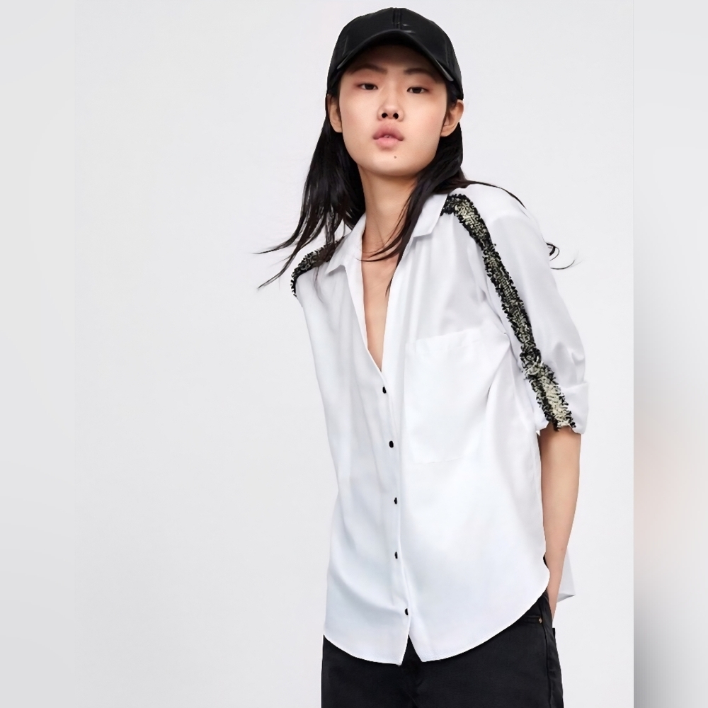 Zara TRF Collection White Button Down Shirt with Black Trim Detail – Size L